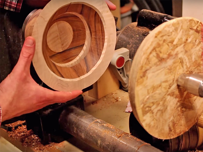 In this project, the layers were built up and glued on right on the lathe.